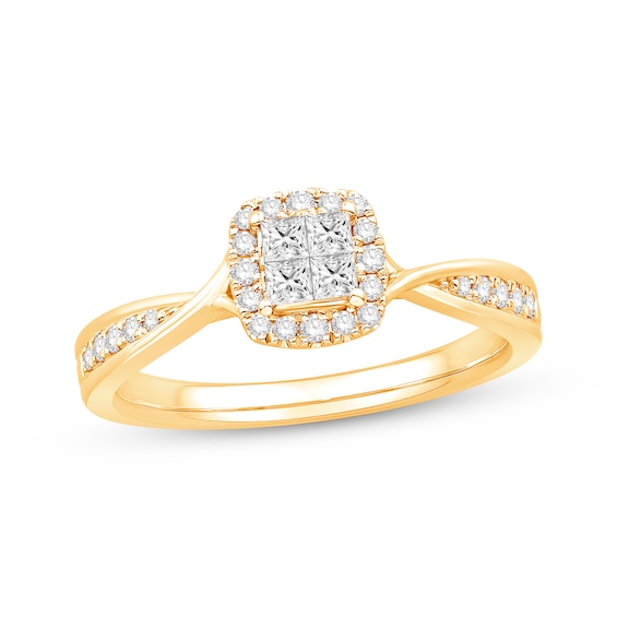 Now + Forever Princess-Cut Quad Diamond Halo Engagement Ring 1/3 ct tw 10K Yellow Gold