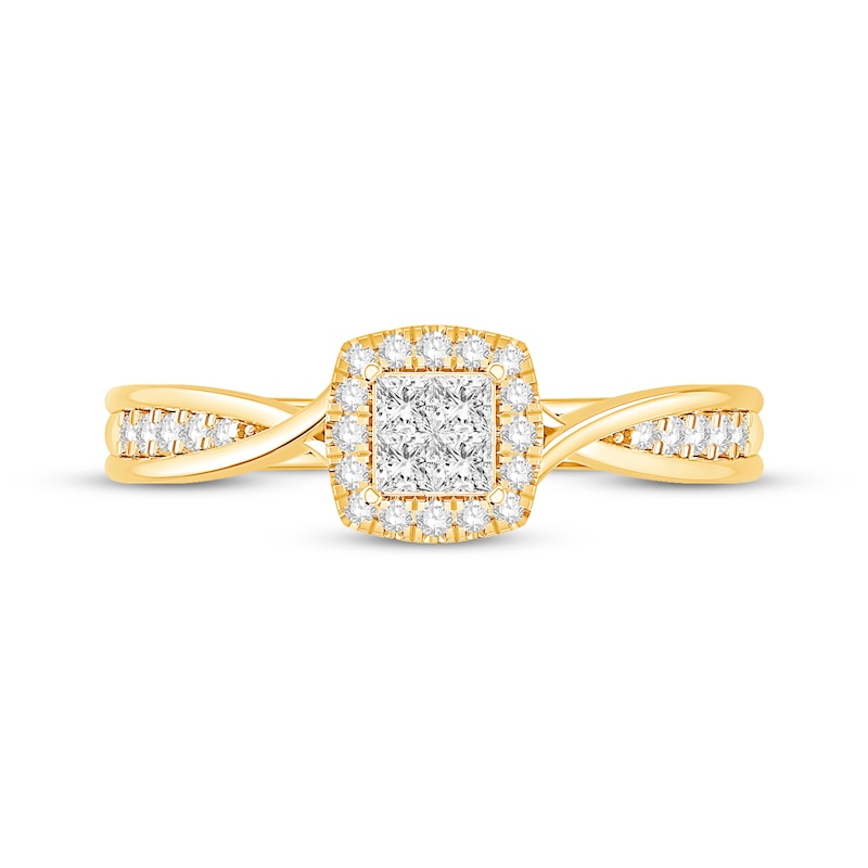 Main Image 3 of Now + Forever Princess-Cut Quad Diamond Halo Engagement Ring 1/3 ct tw 10K Yellow Gold
