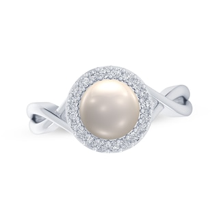 Cultured Pearl & White Lab-Created Sapphire Halo Ring Sterling Silver