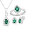 Thumbnail Image 1 of Pear-Shaped Lab-Created Emerald & White Lab-Created Sapphire Halo Gift Set Sterling Silver