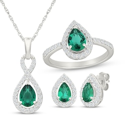 Pear-Shaped Lab-Created Emerald & White Lab-Created Sapphire Halo Gift Set Sterling Silver