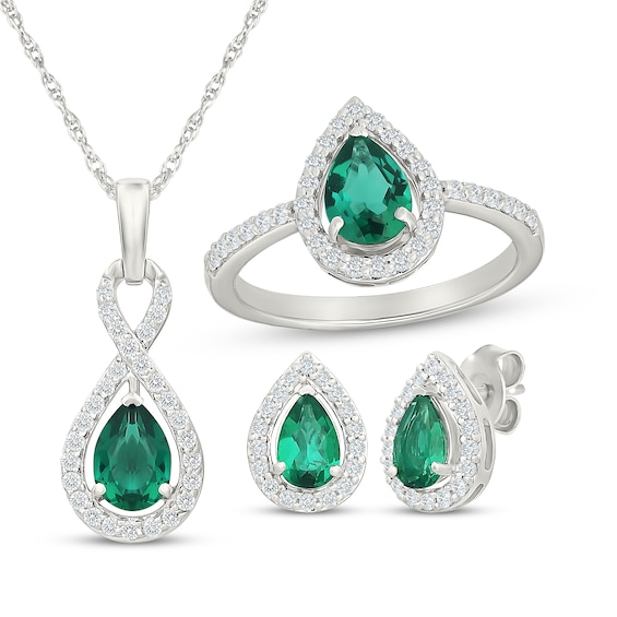 Pear-Shaped Lab-Created Emerald & White Lab-Created Sapphire Halo Gift Set Sterling Silver