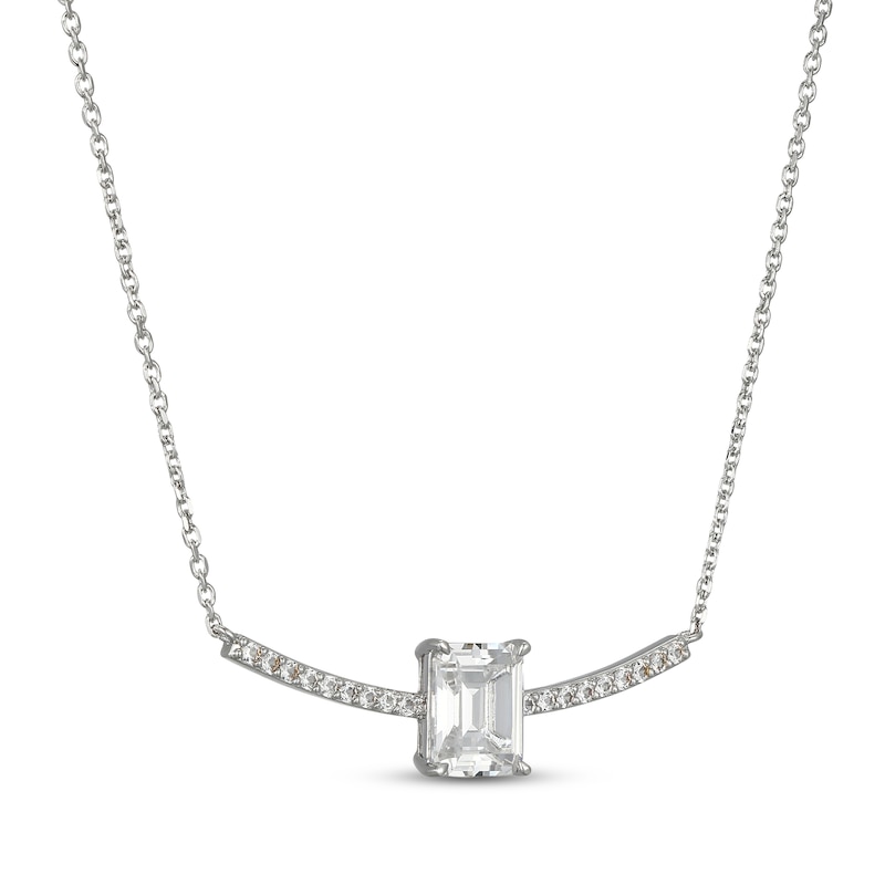 Main Image 2 of Emerald-Cut White Lab-Created Sapphire Curved Bar Necklace Sterling Silver 18"