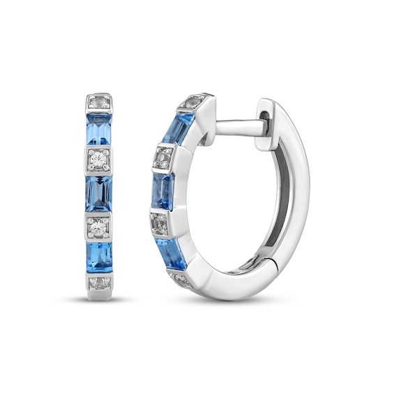 Baguette-Cut Swiss Blue Topaz & White Lab-Created Sapphire Hoop Earrings Sterling Silver