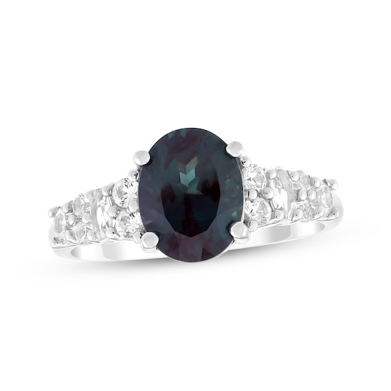 Oval-Cut Lab-Created Alexandrite & White Lab-Created Sapphire Ring Sterling Silver