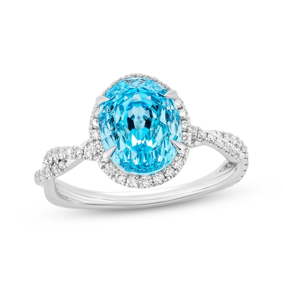 Limor Touchstone Oval-Cut Swiss Blue Topaz & Diamond Halo Engagement Ring 3/8 ct tw 14K White Gold