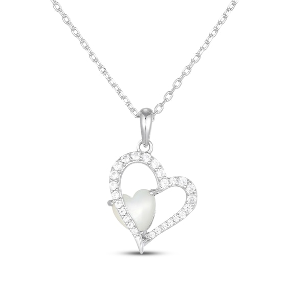 Heart-Shaped Mother of Pearl & White Lab-Created Sapphire Heart Necklace Sterling Silver 18"