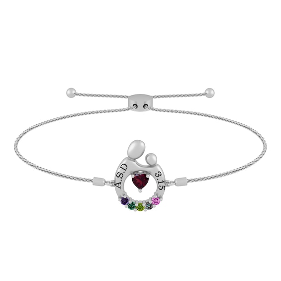 Family Birthstone Mother and Child Bolo Bracelet (2-6 Stones and 2 Lines)