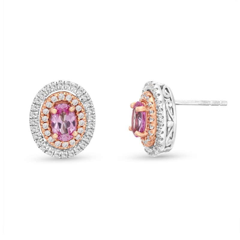 Main Image 1 of Gems of Serenity Oval-Cut Pink & White Lab-Created Sapphire Earrings Sterling Silver & 10K Rose Gold