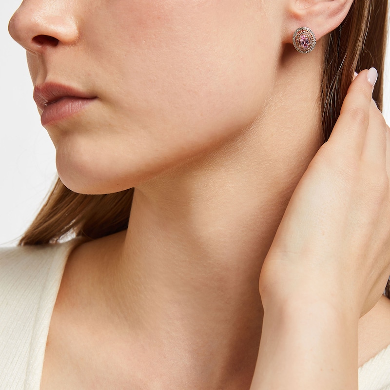 Main Image 3 of Gems of Serenity Oval-Cut Pink & White Lab-Created Sapphire Earrings Sterling Silver & 10K Rose Gold