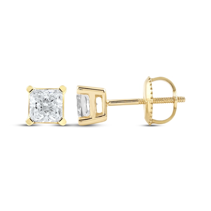 Main Image 3 of KAY Lab-Grown Diamonds Princess-Cut Solitaire Stud Earrings 3/4 ct tw 14K Yellow Gold (F/SI2)