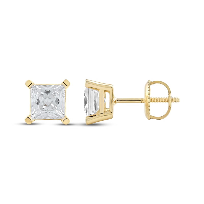 Main Image 3 of KAY Lab-Grown Diamonds Princess-Cut Solitaire Stud Earrings 2 ct tw 14K Yellow Gold (F/SI2)