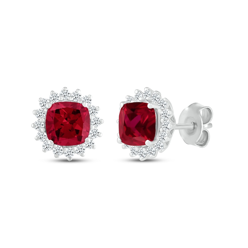 Cushion-Cut Lab-Created Ruby & Round-Cut White Lab-Created Sapphire Starburst Halo Stud Earrings Sterling Silver