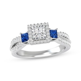 Memories Moments Magic Princess & Round Cut Diamond and Square-Cut Blue Sapphire Three-Stone Engagement Ring 3/4 ct tw 14K White Gold