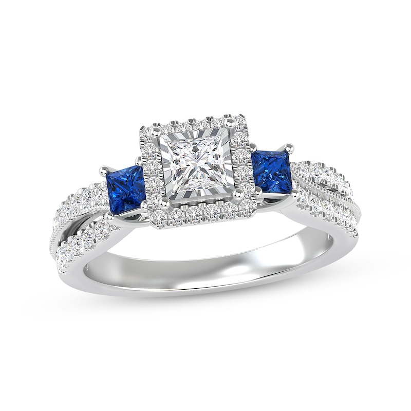 Main Image 1 of Memories Moments Magic Princess & Round Cut Diamond and Square-Cut Blue Sapphire Three-Stone Engagement Ring 3/4 ct tw 14K White Gold