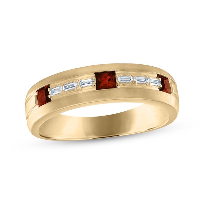 Main Image 1 of Now + Forever Men's Square-Cut Garnet & Baguette-Cut Diamond Wedding Band 1/8 ct tw 10K Yellow Gold