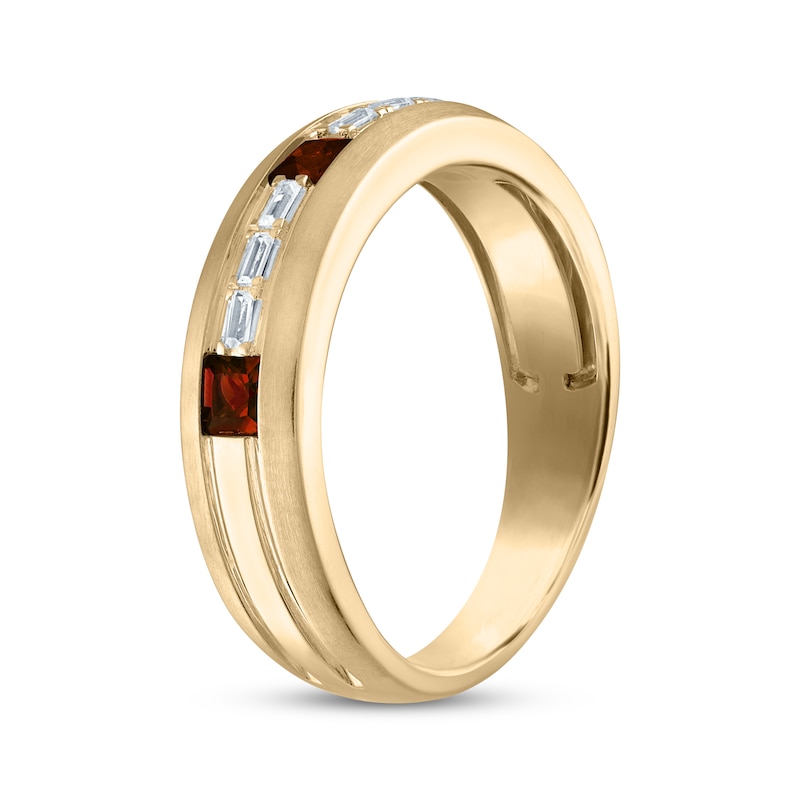 Main Image 2 of Now + Forever Men's Square-Cut Garnet & Baguette-Cut Diamond Wedding Band 1/8 ct tw 10K Yellow Gold