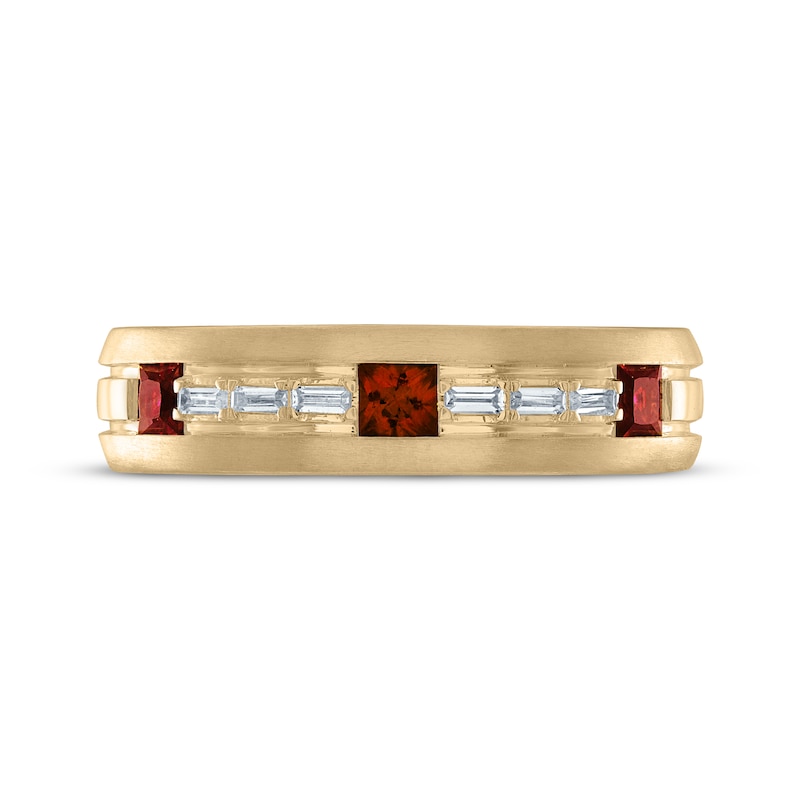 Main Image 3 of Now + Forever Men's Square-Cut Garnet & Baguette-Cut Diamond Wedding Band 1/8 ct tw 10K Yellow Gold