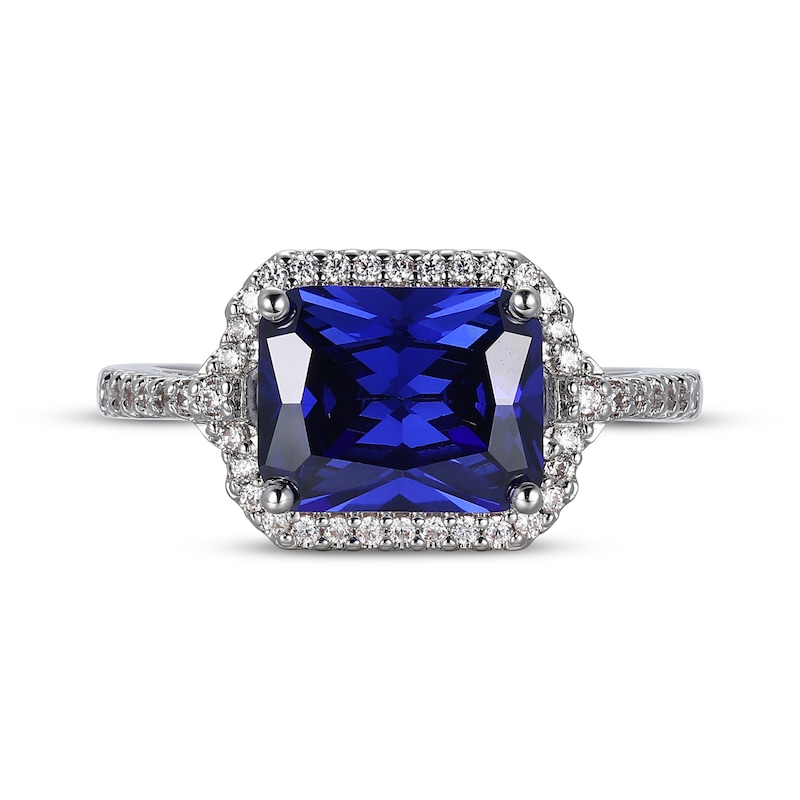 Main Image 3 of Emerald-Cut Blue & White Lab-Created Sapphire Ring Sterling Silver