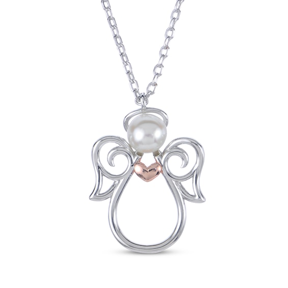 Cultured Pearl Angel with Heart Necklace Sterling Silver & 10K Rose Gold 18"