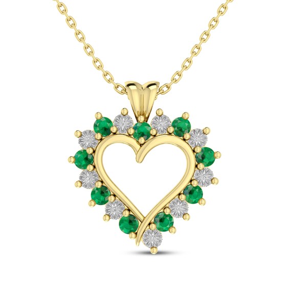 Natural Emerald & Diamond Accent Heart Outline Necklace 10K Yellow Gold 18"