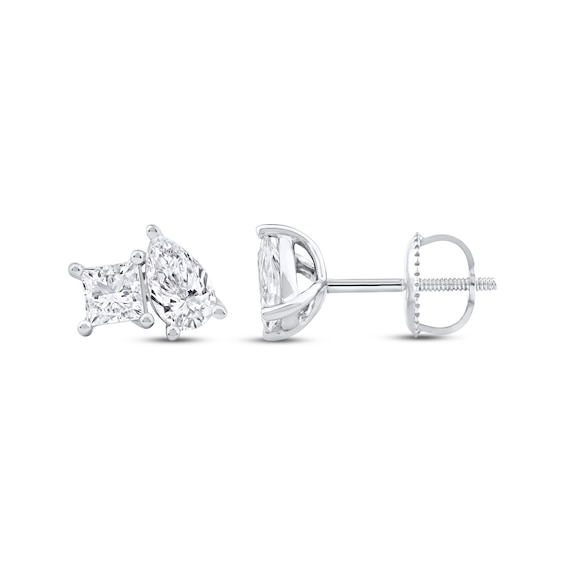 Toi et Moi Lab-Grown Diamond Princess-Cut & Pear-Shaped Stud Earrings 1 ct tw 14K White Gold