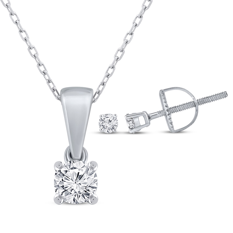 Main Image 1 of Round-Cut Diamond Solitaire Necklace & Earrings Gift Set 1/4 ct tw 14K White Gold (I/I2)