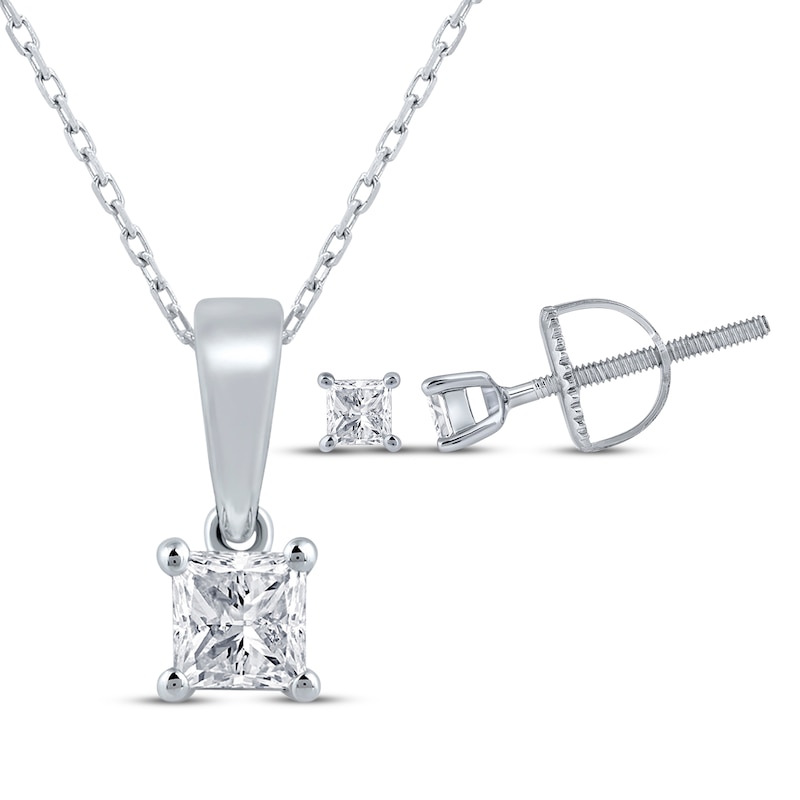 Princess-Cut Diamond Solitaire Necklace & Earrings Gift Set 1/4 ct tw 14K White Gold (I/I2)