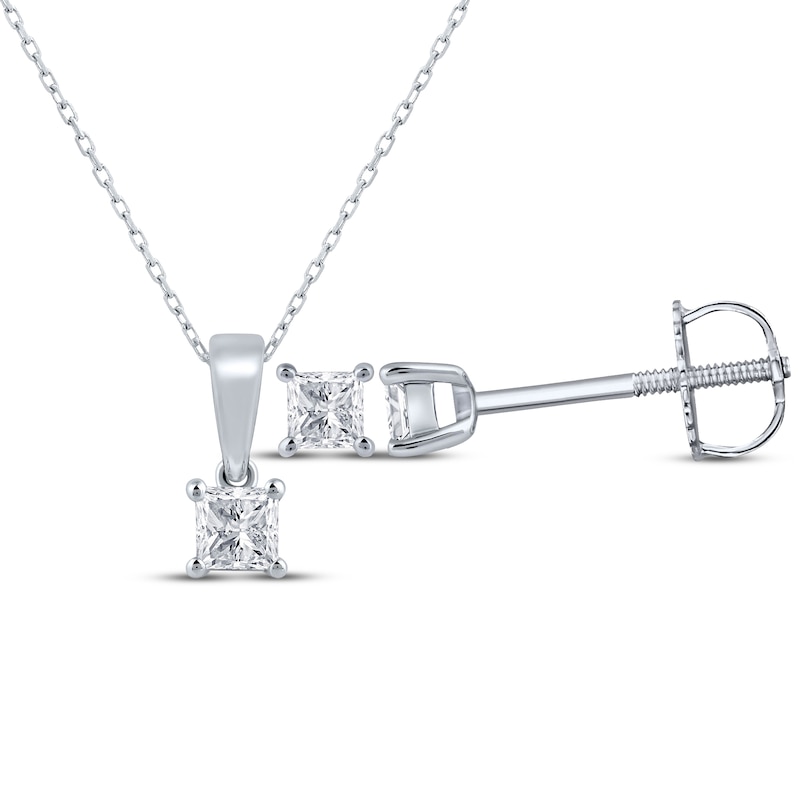 Main Image 1 of Princess-Cut Diamond Solitaire Necklace & Earrings Gift Set 1/4 ct tw 14K White Gold (I/I2)