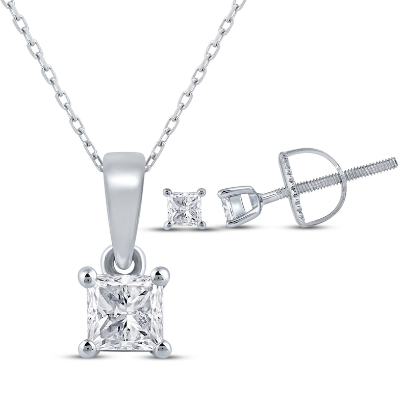 Princess-Cut Diamond Solitaire Necklace & Earrings Gift Set 1/2 ct tw 14K White Gold (I/I2)