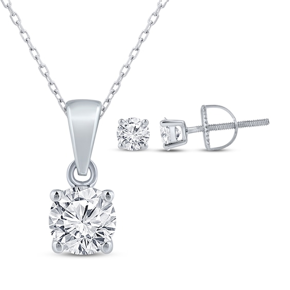 Round-Cut Diamond Solitaire Necklace & Earrings Gift Set 1 ct tw 14K White Gold (I/I2)