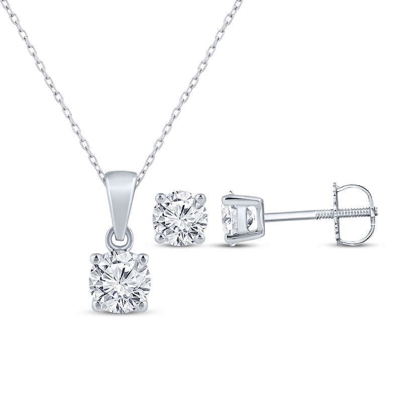 Main Image 1 of Round-Cut Diamond Solitaire Necklace & Earrings Gift Set 1 ct tw 14K White Gold (I/I2)