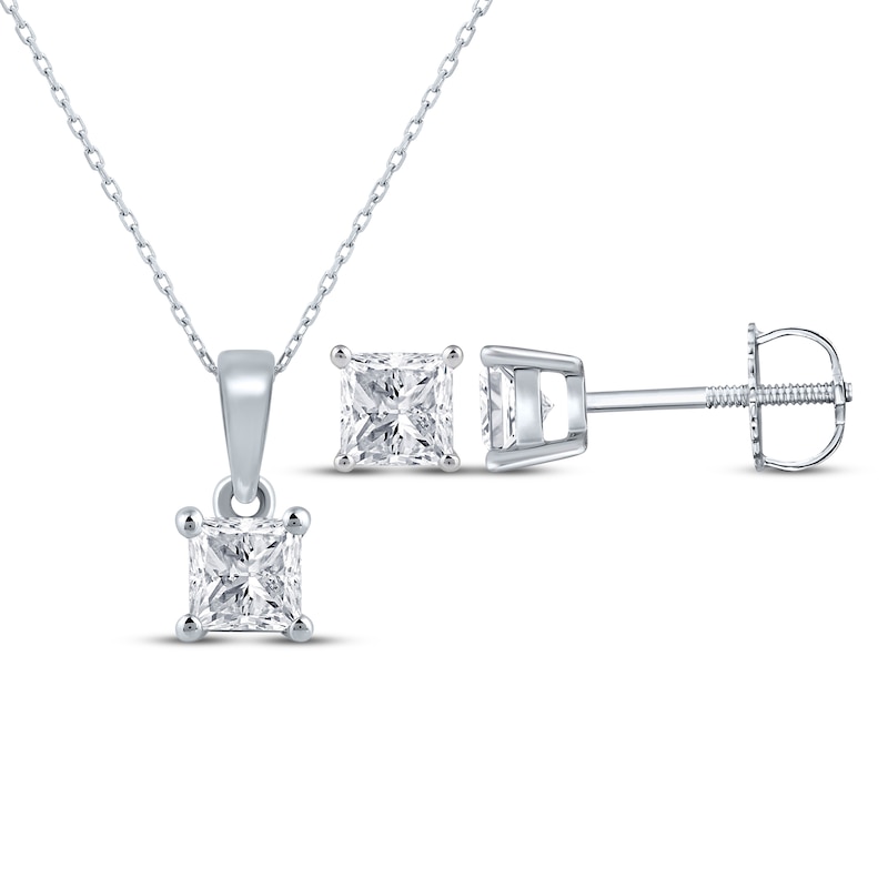 Main Image 1 of Princess-Cut Diamond Solitaire Necklace & Earrings Gift Set 1 ct tw 14K White Gold (I/I2)