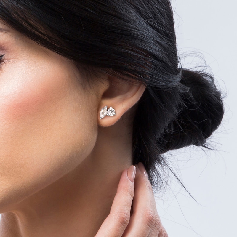 Main Image 3 of Toi et Moi Lab-Grown Diamond Round & Marquise-Cut Stud Earrings 1 ct tw 14K White Gold