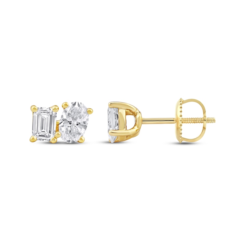 Main Image 1 of Toi et Moi Lab-Grown Diamond Emerald & Oval-Cut Stud Earrings 1 ct tw 14K Yellow Gold