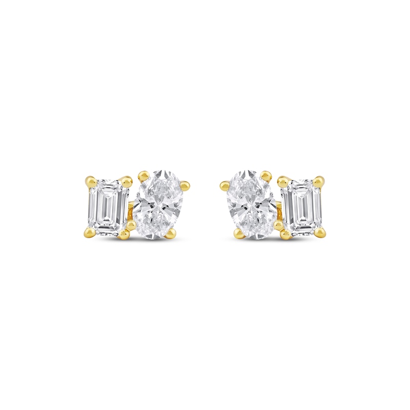 Main Image 2 of Toi et Moi Lab-Grown Diamond Emerald & Oval-Cut Stud Earrings 1 ct tw 14K Yellow Gold