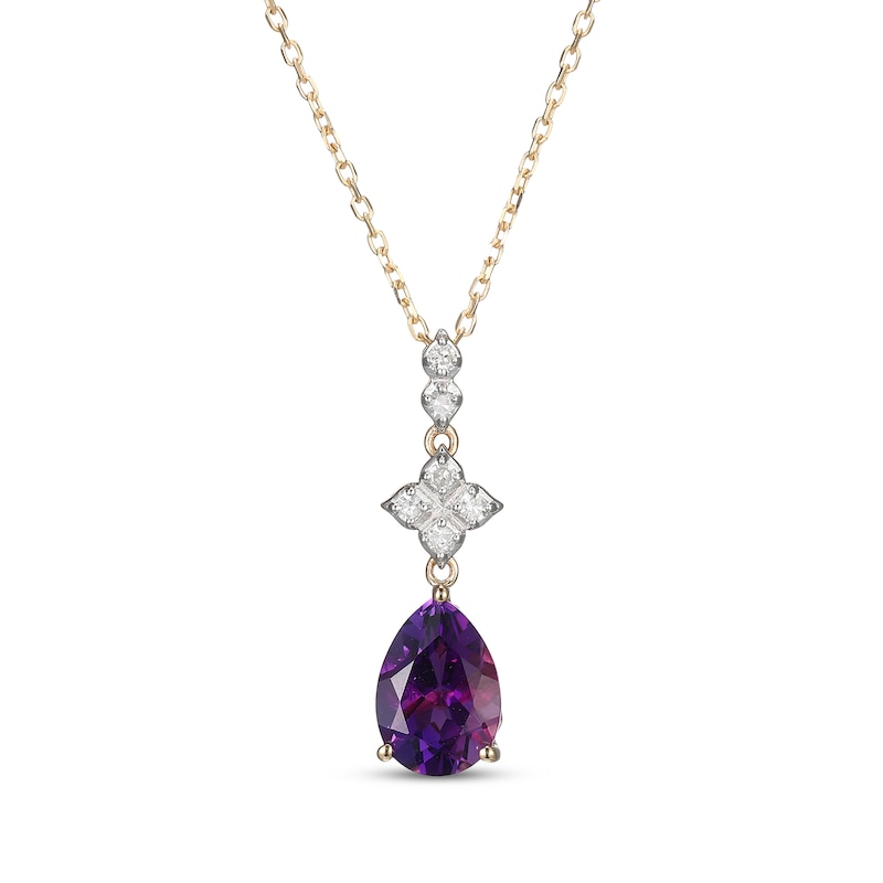 Main Image 1 of Pear-Shaped Natural Amethyst & Diamond Drop Necklace 1/10 ct tw 10K Yellow Gold 18&quot;