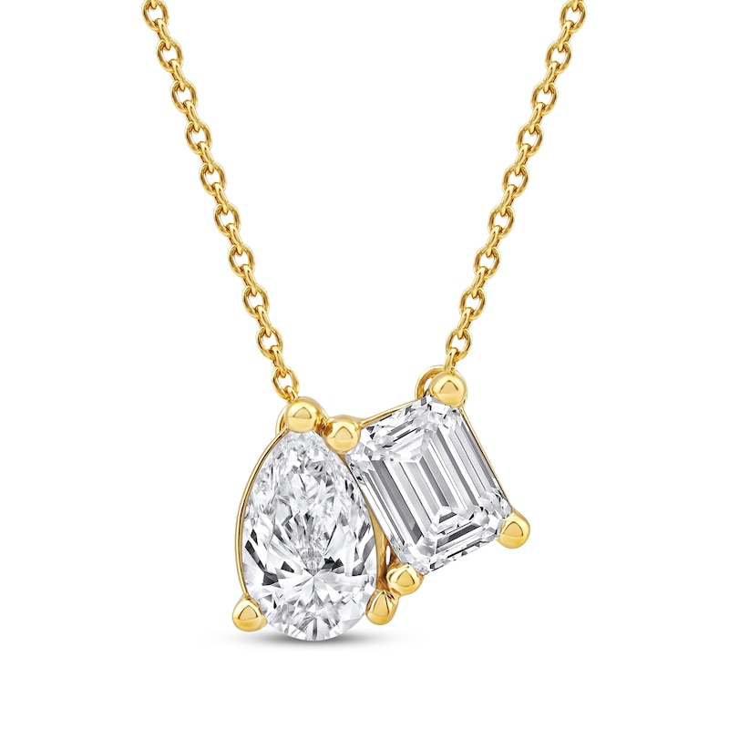 Main Image 1 of Toi et Moi Lab-Grown Diamond Emerald-Cut & Pear-Shaped Necklace 1 ct tw 14K Yellow Gold 18&quot;