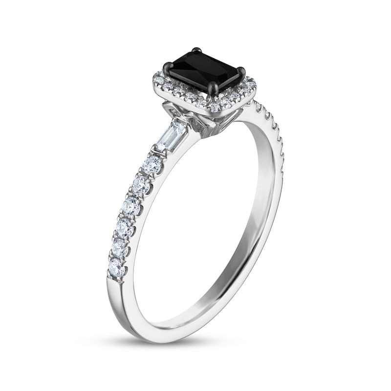 Emerald-Cut Black & White Diamond Halo Engagement Ring 5/8 ct tw 14K White Gold