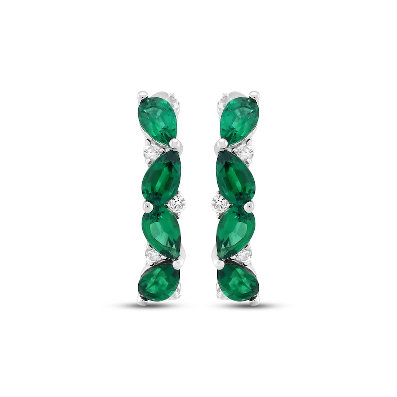 Main Image 2 of Pear-Shaped Lab-Created Emerald & White Lab-Created Sapphire Four-Stone Hoop Earrings Sterling Silver
