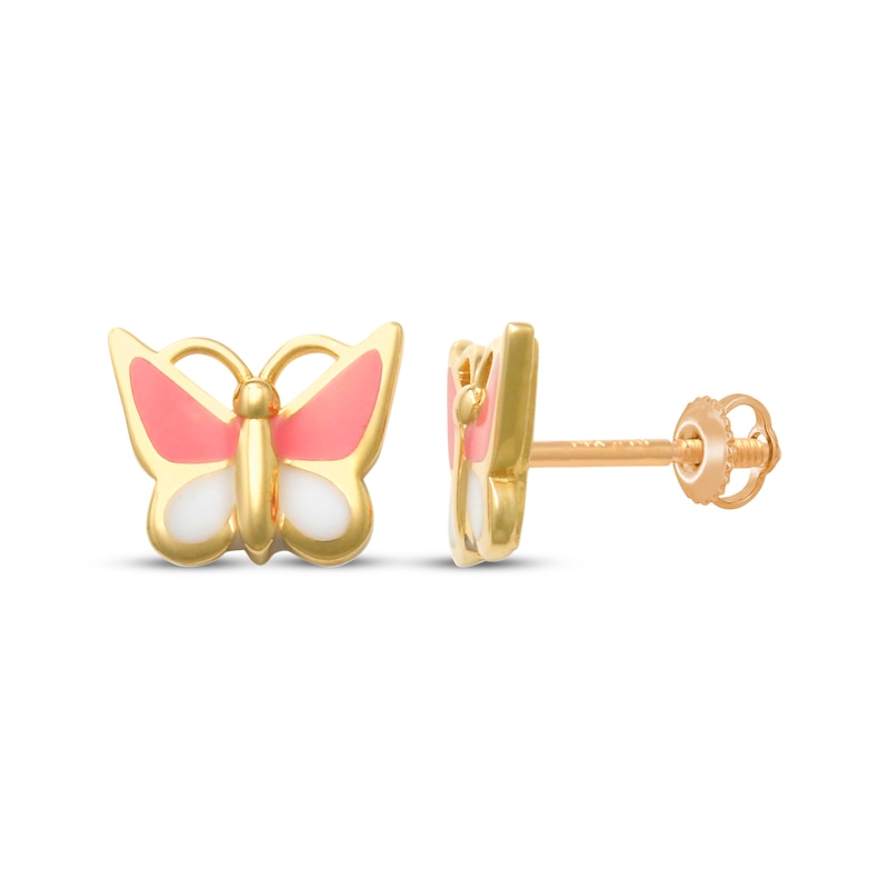 Main Image 1 of Children's Pink & White Enamel Butterfly Stud Earrings 14K Yellow Gold