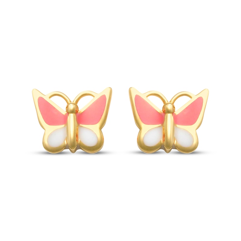 Main Image 2 of Children's Pink & White Enamel Butterfly Stud Earrings 14K Yellow Gold