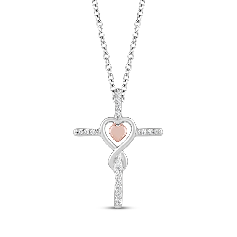 Main Image 1 of Hallmark Diamond Cross with Heart Necklace 1/10 ct tw Sterling Silver & 10K Rose Gold 18&quot;