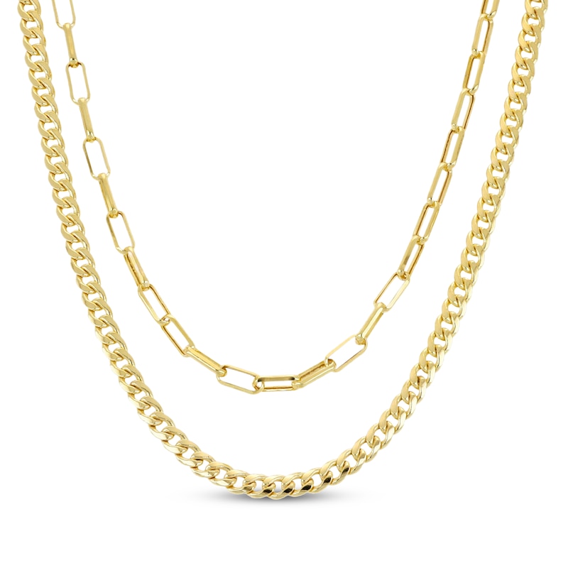 Main Image 1 of Miami Cuban Curb Chain & Paperclip Chain Layered Necklace Hollow 10K Yellow Gold 18&quot;