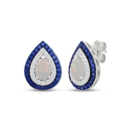 Pear-Shaped Lab-Created Opal & Lab-Created Sapphire Stud Earrings Sterling Silver