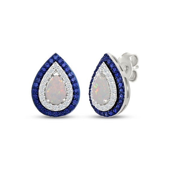 Pear-Shaped Lab-Created Opal & Lab-Created Sapphire Stud Earrings Sterling Silver