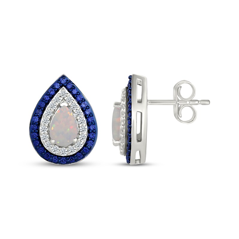 Main Image 3 of Pear-Shaped Lab-Created Opal & Lab-Created Sapphire Stud Earrings Sterling Silver