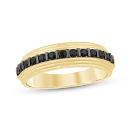 Now + Forever Men's Black Diamond Grooved Wedding Band 1/2 ct tw 10K Yellow Gold