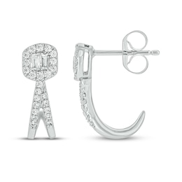 Baguette & Round-Cut Diamond Split J-Hoop Earrings 1/4 ct tw 10K White Gold