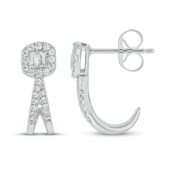 Baguette & Round-Cut Diamond Split J-Hoop Earrings 1/4 ct tw 10K White Gold